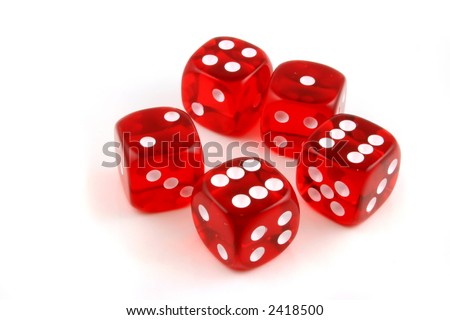 5 dice thrown onto a table on a white background