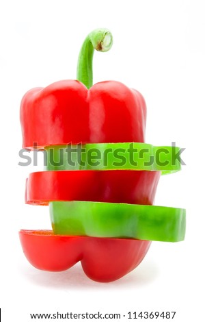 the cut red and green pepper also is difficult by strips in a single whole, is photographed on a white background