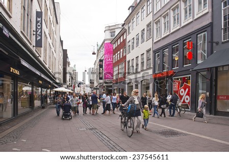 COPENHAGEN, DENMARK - JULY 2: Main street of Copenhagen on July 2, 2014 in Copenhagen