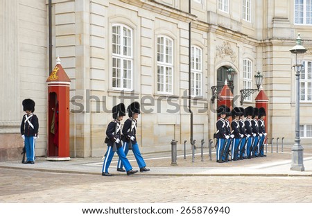 COPENHAGEN, DENMARK - JULY 2 Royal Guard in Amalienborg Castle on July 2, 2014 in Copenhagen