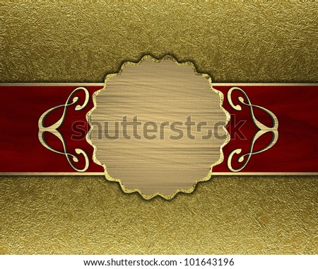 Gold background with a red stripe and patterned circle