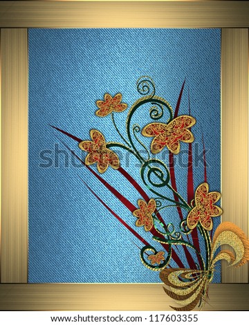 The template for the inscription. Beautiful blue background with gold frame and abstract plant pattern.