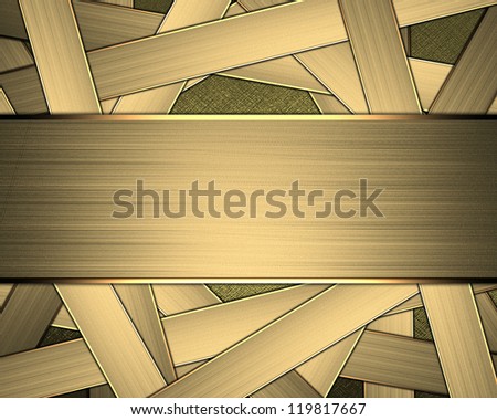 Design template. Background of golden ribbons with  gold nameplate for writing.