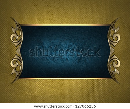 Template for writing. Blue name plate with gold ornate edges, on gold background