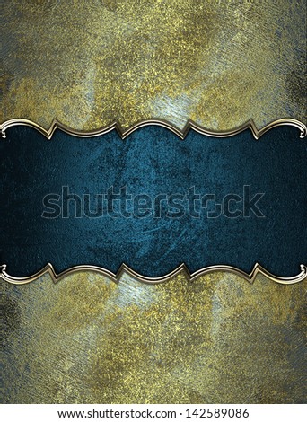 Template for writing. Blue name plate with gold ornate edges on shabby background