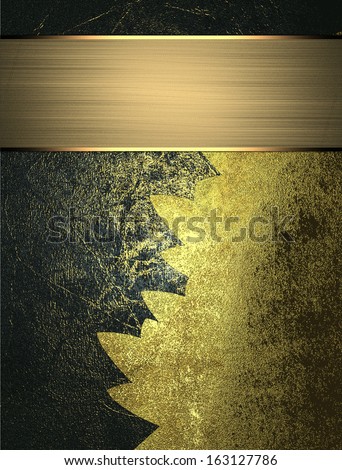 Black grunge shabby background with old gold insert and gold ribbon. Design template