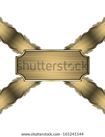 Golden plate hanging on the gold ribbons on white background. Design template