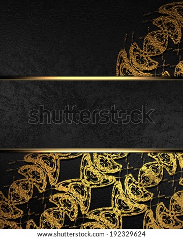 Black background with gold patterns in the corner and a black velvet tablet. Design template. Design site