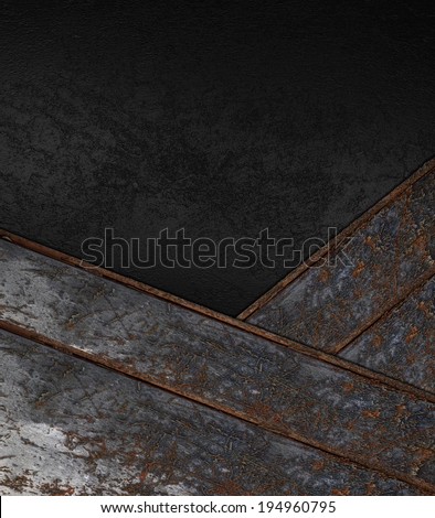 Grunge black background with rusty metallic strip. Design template. Design site