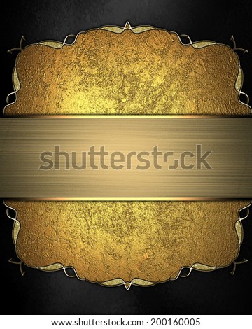 Abstract black background with a gold plate with decorative trim with gold ribbon. Design template. Design site