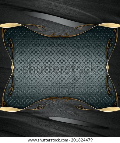 Abstract black background with a blue nameplate in a gold finish. Design template. Design site