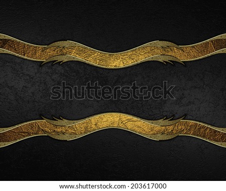 Black abstract background with black ribbon with gold trim. Design template. Design site
