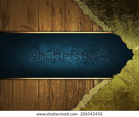 Abstract wooden background with gold corners with blue ribbon. Design template. Design site