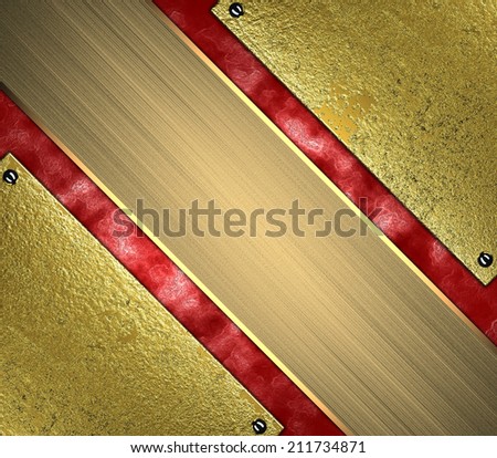 Abstract red background with grunge gold edges and gold ribbon. Design template. Design site
