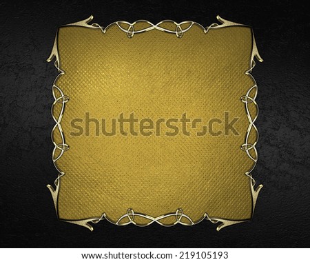 Black background with gold plate for inscription and gold trim. Design template. Design site