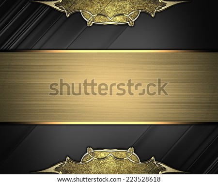 Black background with gold vintage edges and gold ribbon. Design template. Design site