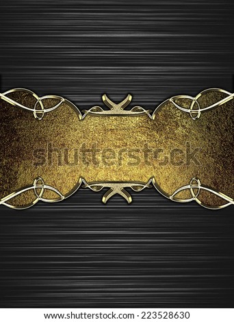 Abstract black background with white stripes with a gold plate with gold trim. Design template. Design site