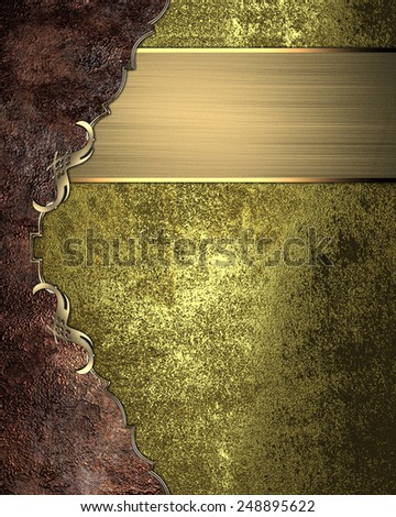 Grunge gold background with a brown edged with gold metal plate. Design template