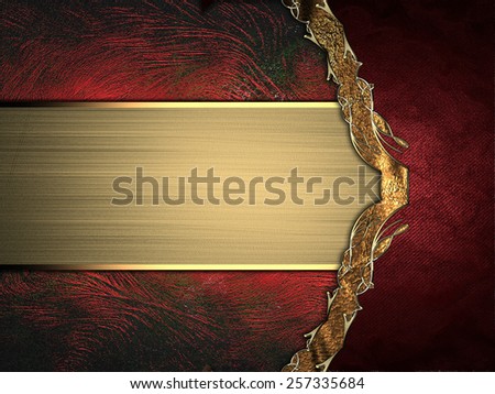 Abstract red background with gold ribbon and gold border. Design template. Design site