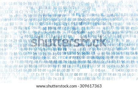 Hexadecimal code running up a computer screen on white background. Blue digits.