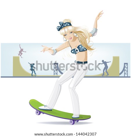 Beautiful girl on a skateboard goes in for sports