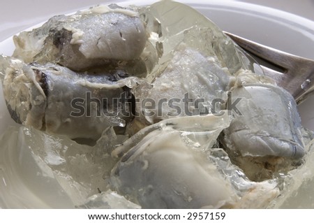 Macro close-up of jellied eels, traditional snack of cockney East End Londoners.