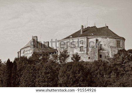 Fortress in Olesko in Ukraine. Small town in Lviv Oblast (province) of western Ukraine. Birthplace of Jan III Sobieski, the King of Poland and Grand Duke of Lithuania. Stylized like old photo.