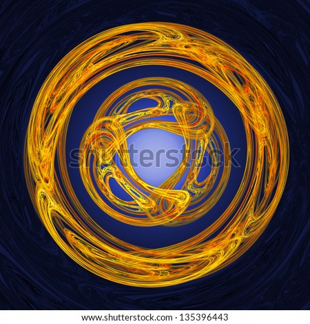 A circular Celtic style triad motif resembling a celtic knotwork design, in glowing blue and gold on a dark swirling background.