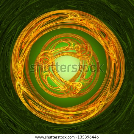 A circular Celtic style triad motif resembling a celtic knotwork design, in glowing green and gold on a dark swirling background.