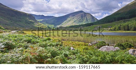 The remote Black Valley in the Kerry mountains, south west Ireland, accessible by a single track road, where bracken grows beside the lake and cloud shadows drift across the blue hills beyond.
