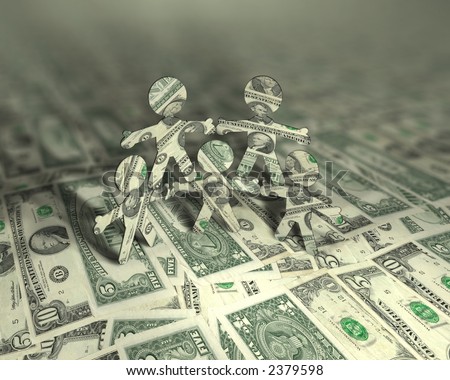 5 little figures made of US Dollars standing on US Currency