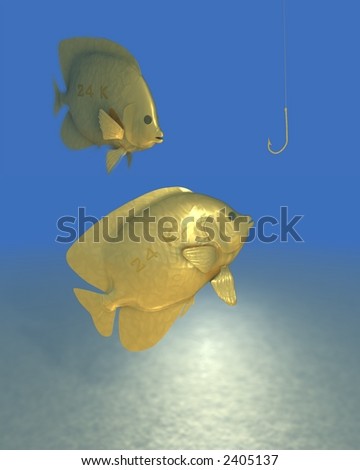two golden fish in an ocean attracted by a golden hook.