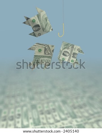 three fishes made of Us Dollar bills attracted by a golden hook