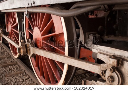 Old locomotive wheels close up.