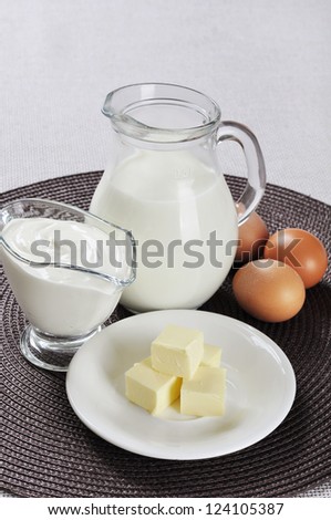 Dairy products: milk, sour cream, butter, eggs