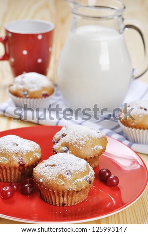 Cranberry muffins on red plate with fresh berries and milk in a glass jug
