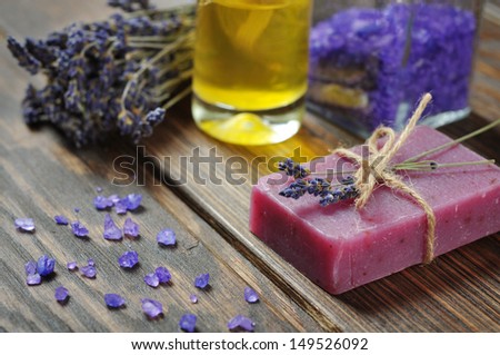 Herbal soap with oil, sea salt and lavender flowers