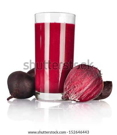 A glass of fresh beet vegetable juice isolated on white background