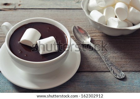 Hot chocolate with marshmallows on wooden background