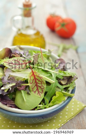 Salad mix with arugula, radicchio and lamb\'s lettuce in bowl on wooden background