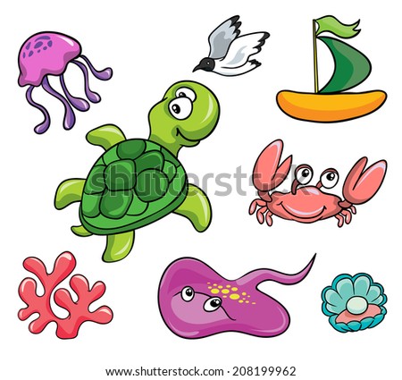 underwater animals, set, vector illustration on white background