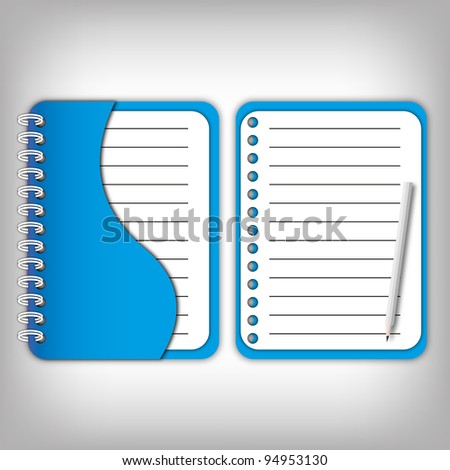 New design cover blue notebook and open page with pencil.