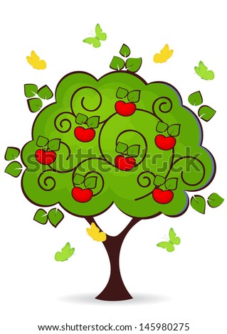apple tree with red ripe apples butterflies fly around
