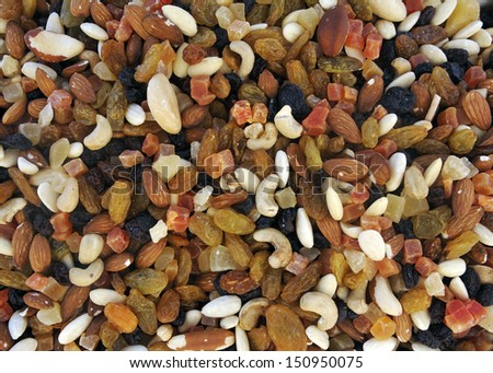 A close up or background of assorted nuts and dried fruit for trail mix