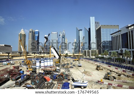 DUBAI,UNITED ARAB EMIRATES-FEBRUARY 07:Construction site in Dubai with no people and clear blue sky,February 07,2014 Dubai,United Arab Emirates