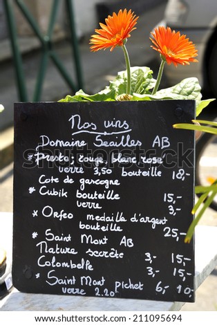 chalkboard wine menu by the glass or by a bottle in France