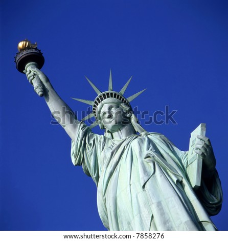 Statue of Liberty in New York USA against clear blue sky