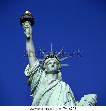 Statue of Liberty in New York USA against clear blue sky