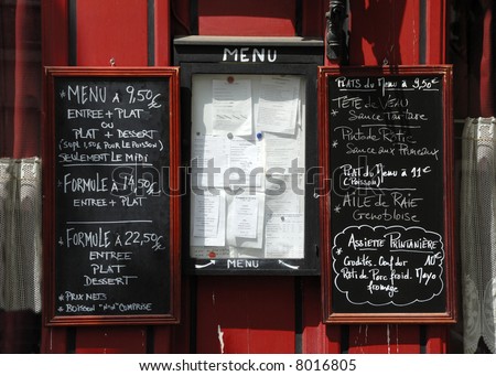 Menu boards at restaurant in France