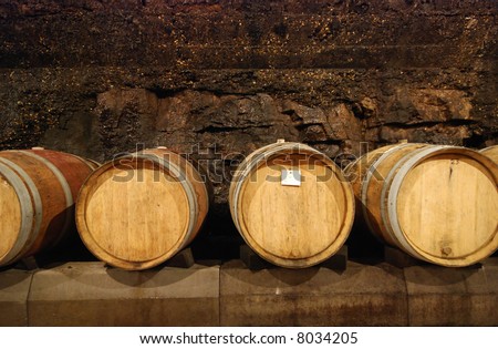 Old wine cave with wooden barrels